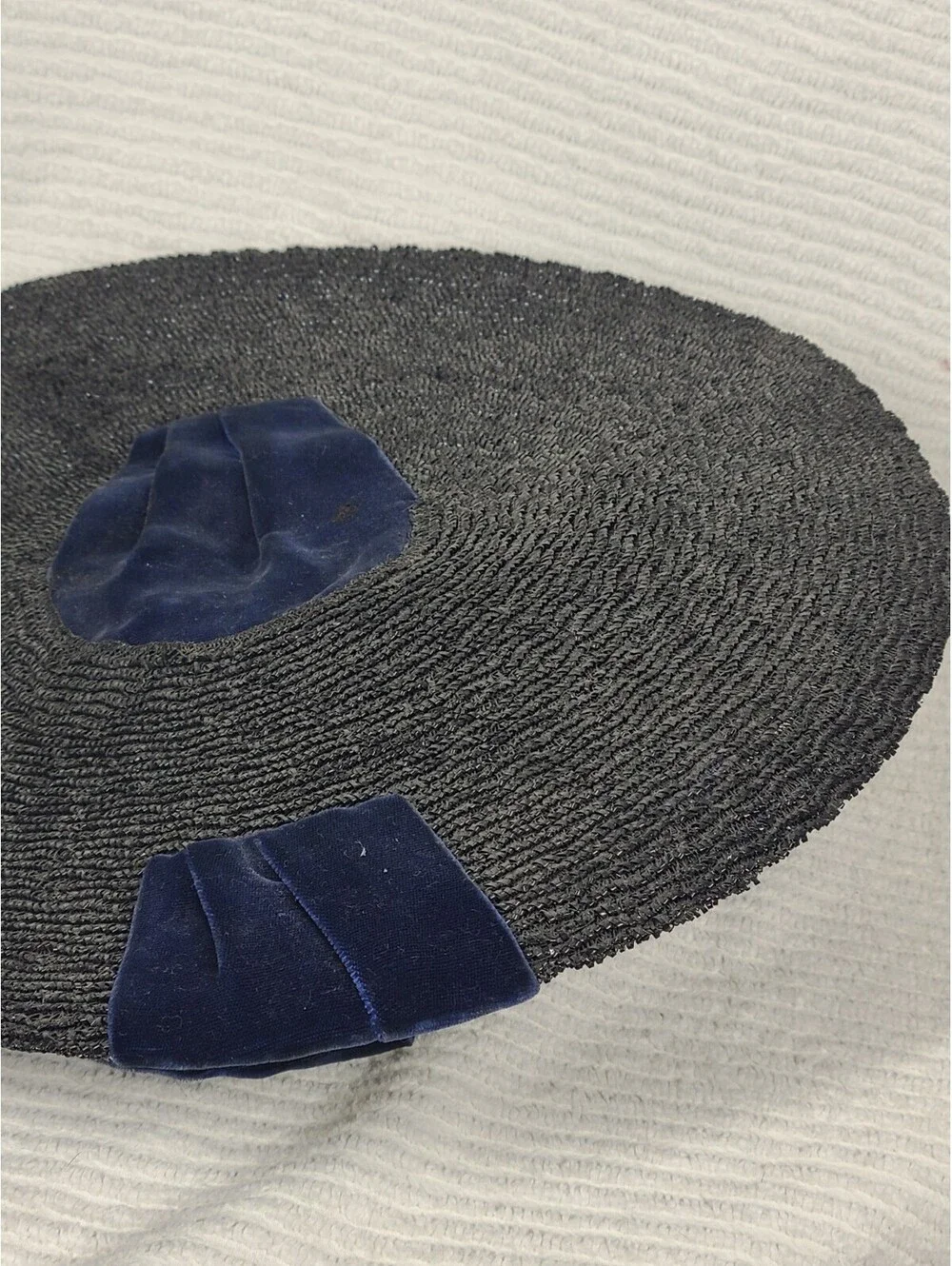 Vintage 1940s Saucer Hat Black Woven Straw Blue Silk Velvet Cloche Tilt Unique
