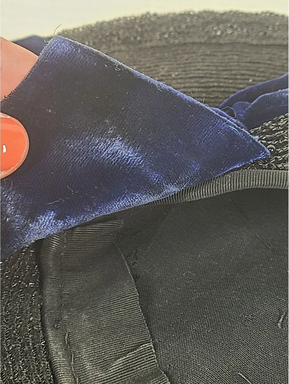 Vintage 1940s Saucer Hat Black Woven Straw Blue Silk Velvet Cloche Tilt Unique