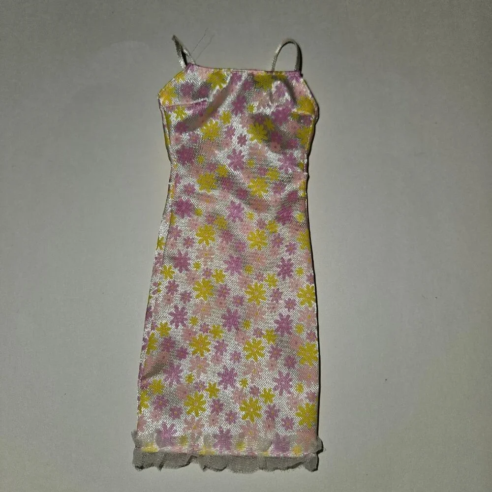VTG Barbie Pink Yellow Floral Dress Spaghetti Straps Lace Trim