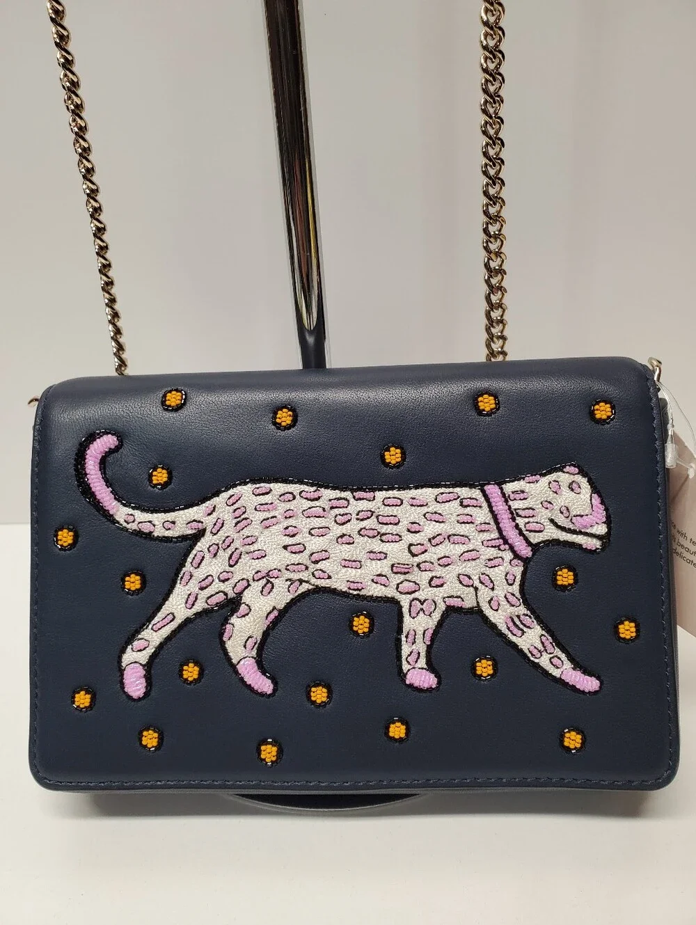 Kate SpadeNavy Leather Crossbody Bag with Embroidered Pink Panther
