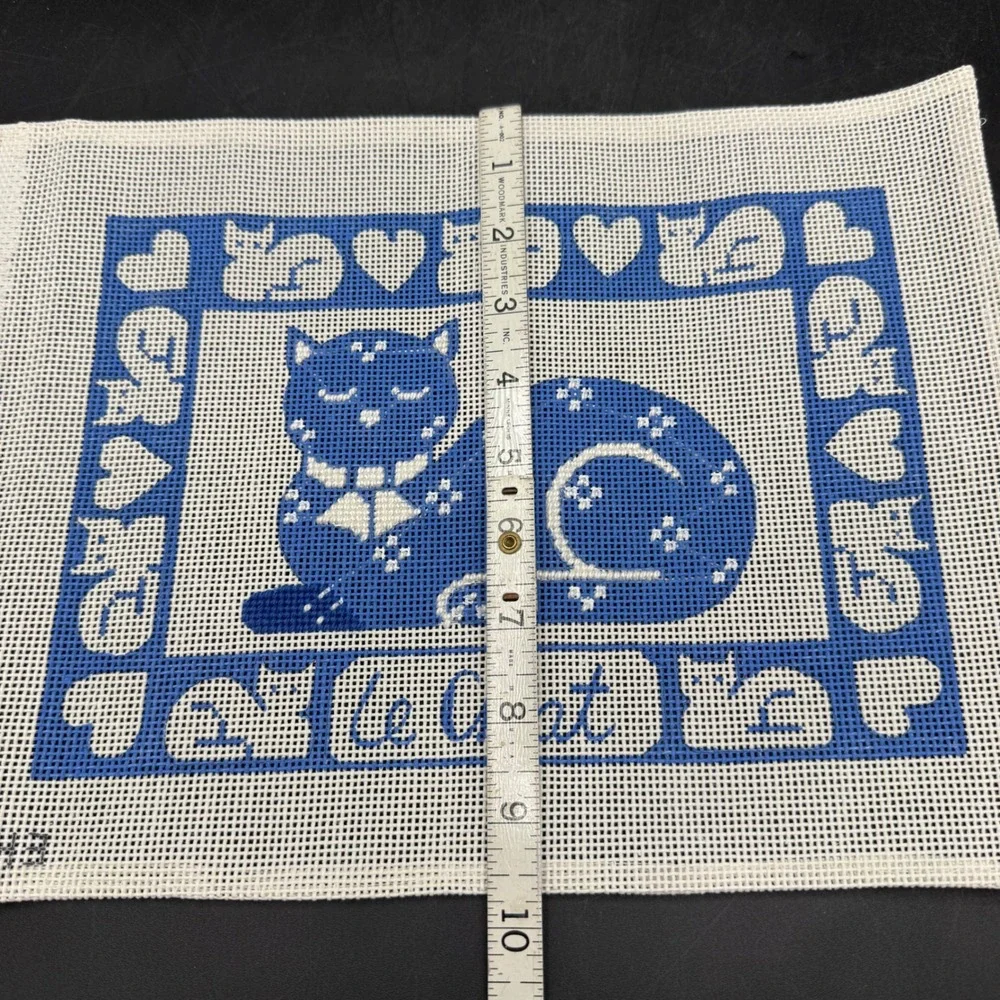 Vintage Le Chat Alice Peterson Blue Cat Needlepoint Canvas Art Blue White Hearts