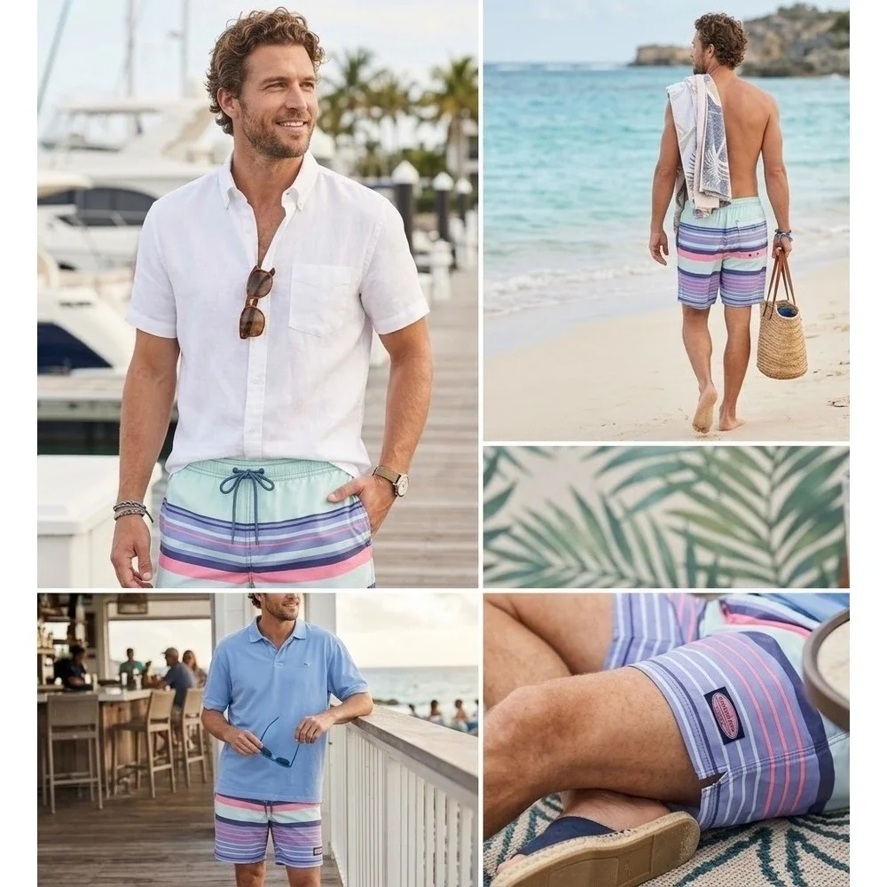 Vineyard Vines Shorts Mens Chappy Striped Swim Trunks Blue Pink XS 1M001110‎