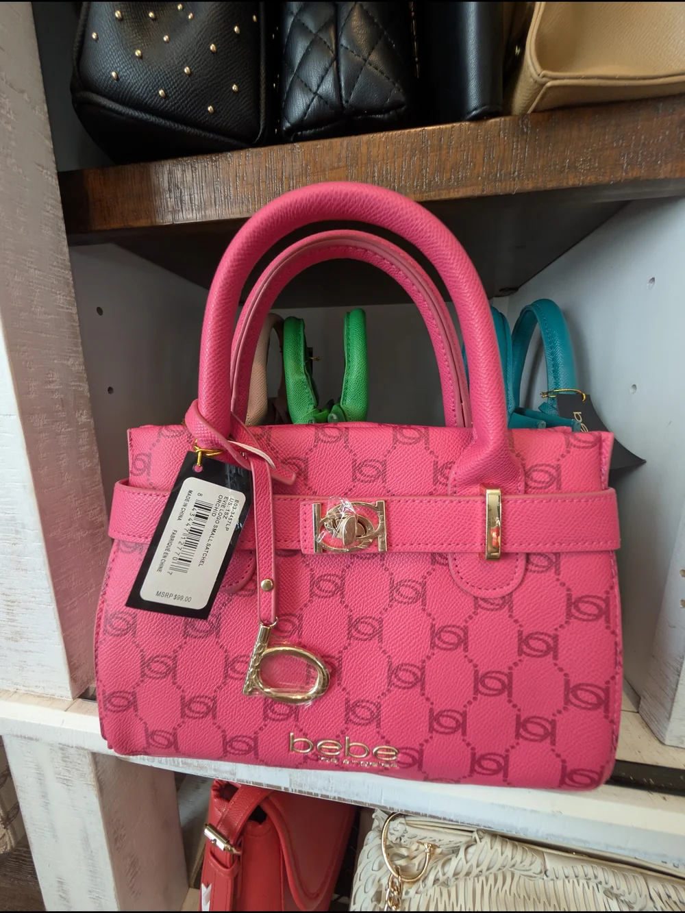 bebe Hot Pink Logo-Print Satchel with Gold Hardware