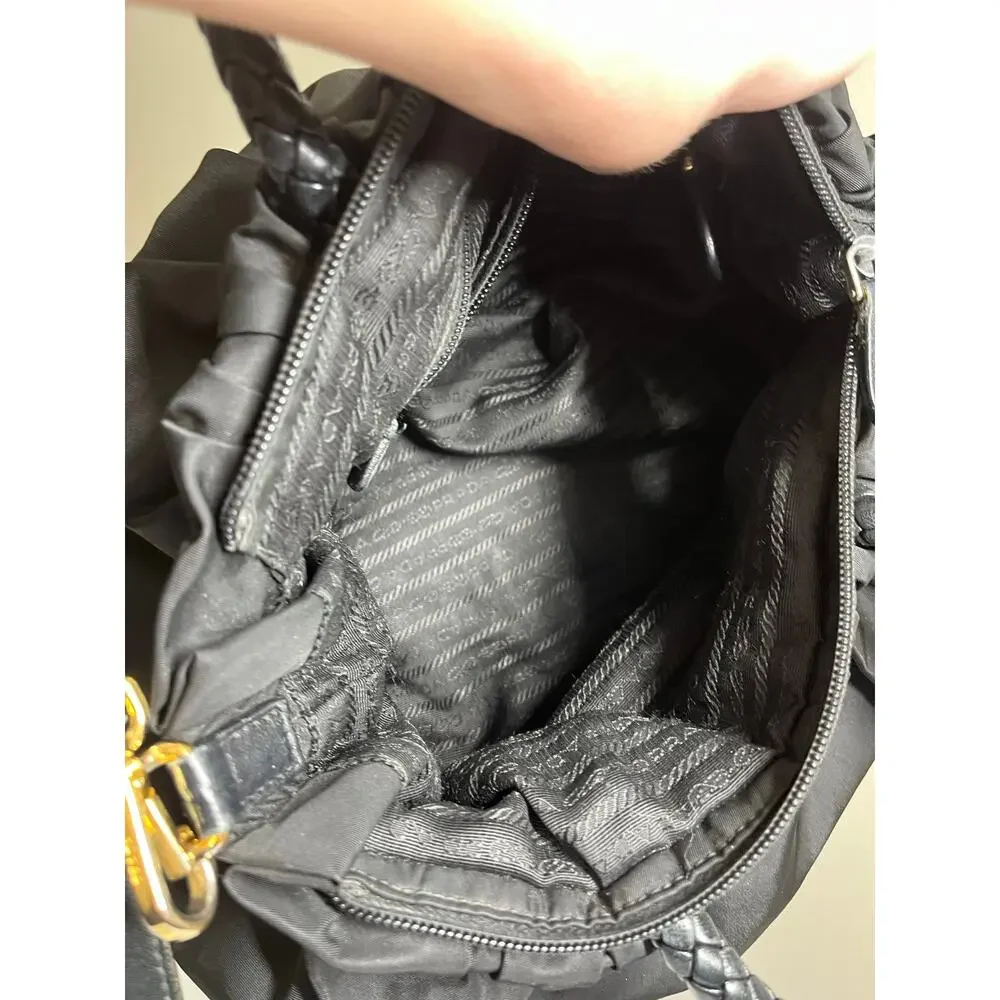 PRADA Authentic Tessuto Gaufre Ruched Nylon Satchel Handbag Black Gold Crossbody