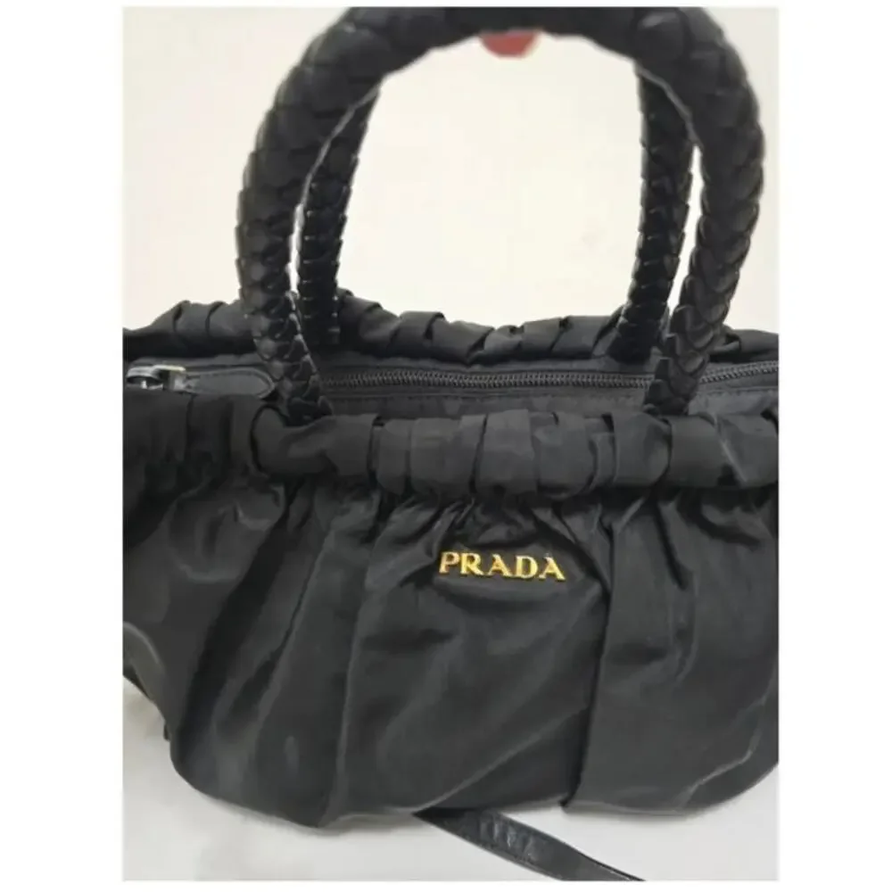 PRADA Authentic Tessuto Gaufre Ruched Nylon Satchel Handbag Black Gold Crossbody
