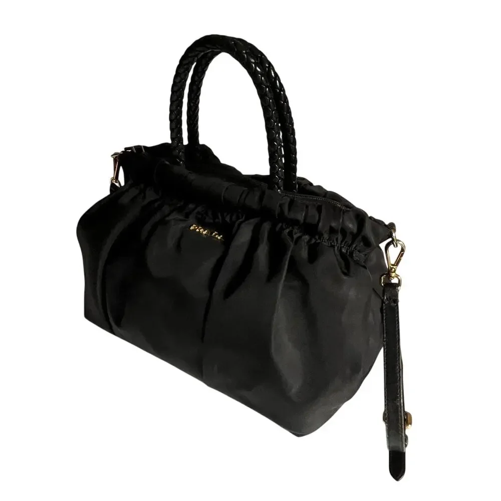 PRADA Authentic Tessuto Gaufre Ruched Nylon Satchel Handbag Black Gold Crossbody
