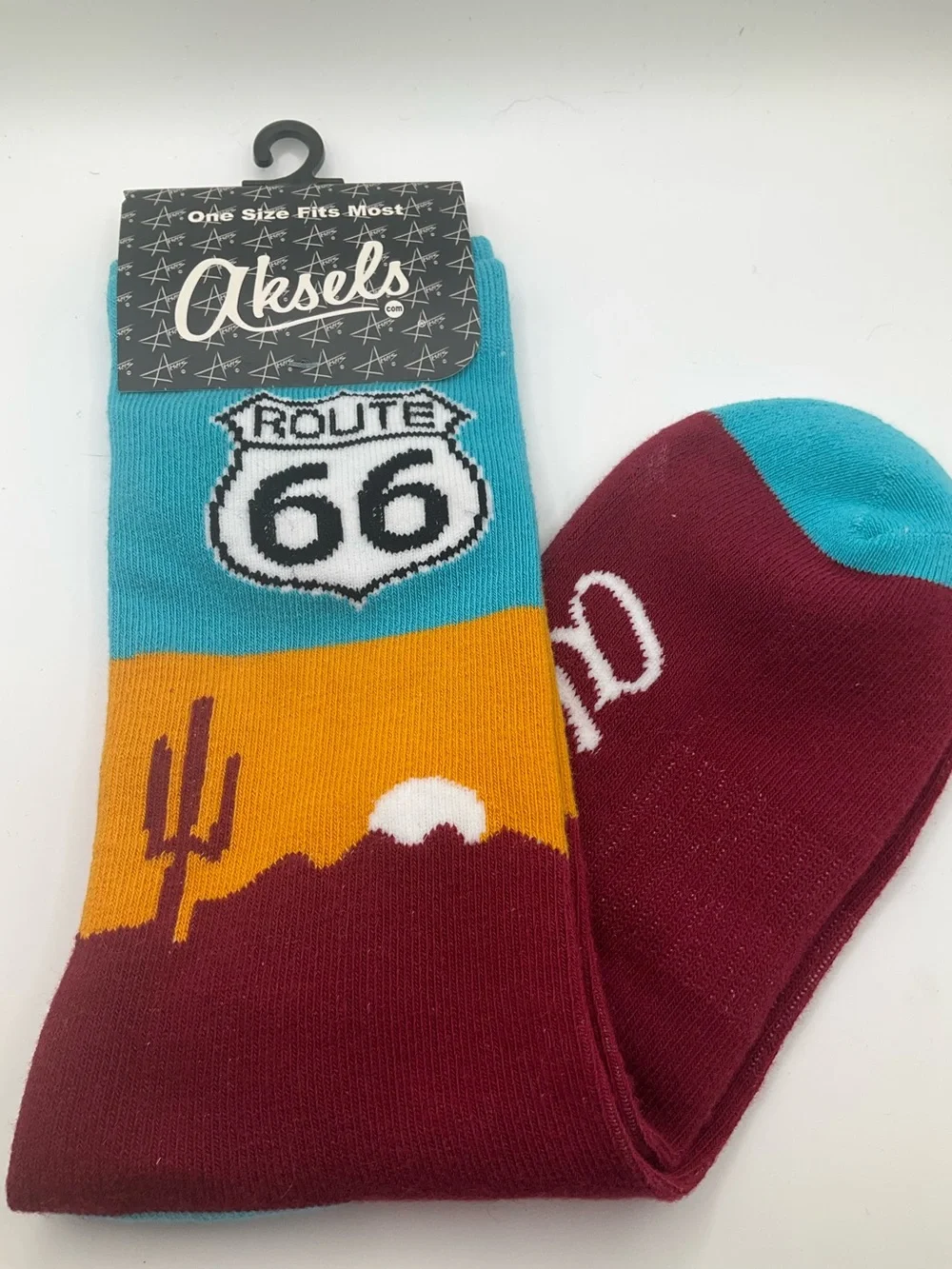 NWT AKSELS Route 66 Novelty Crew Socks - Teal, Mustard & Burgundy Classic USA