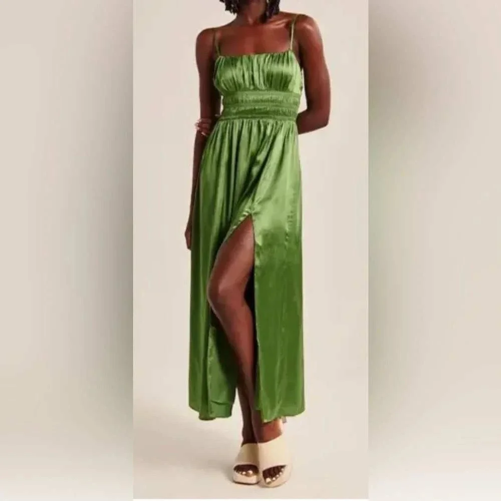 Abercrombie & Fitch Smocked Satin Side Slit Goddess Maxi Dress Women Small Green