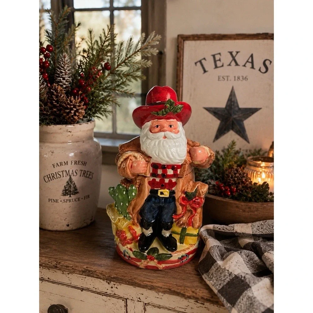 Home For The Holidays Ceramic Cookie Jar Cowboy Santa 13.5