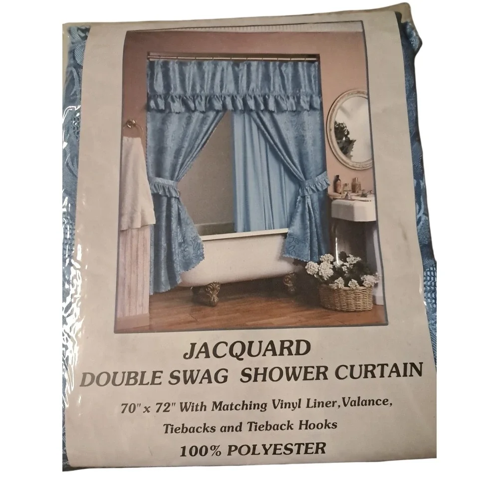 VTG NEW Blue 90s Deluxe Jacquard Double Swag Poly Fabric Shower Curtain Set