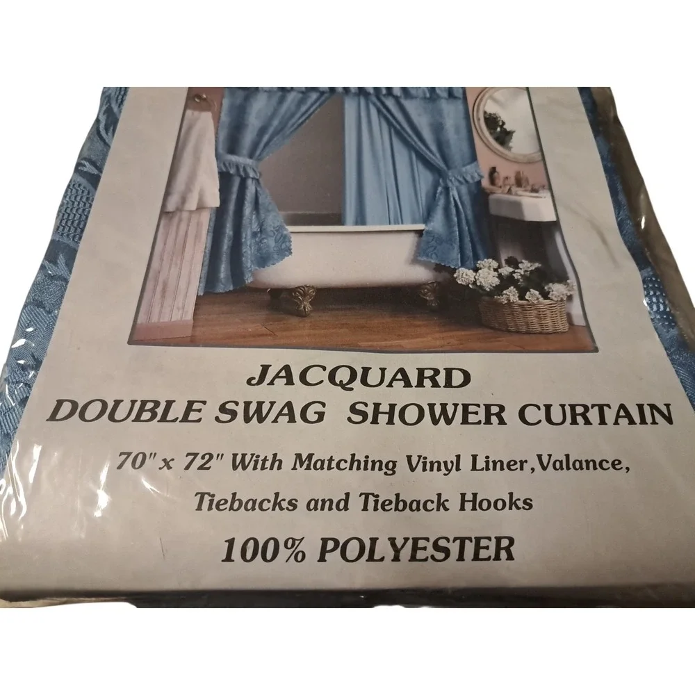 VTG NEW Blue 90s Deluxe Jacquard Double Swag Poly Fabric Shower Curtain Set