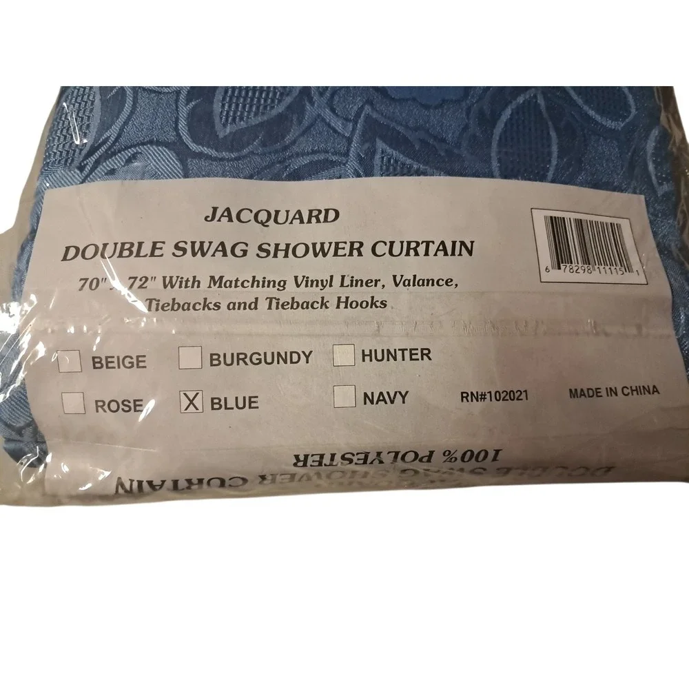 VTG NEW Blue 90s Deluxe Jacquard Double Swag Poly Fabric Shower Curtain Set