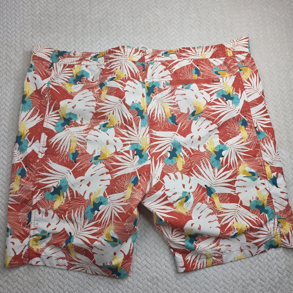 Duluth Trading Co Mens 2XL Tropical Bird Palm‎ Swim Trunks Red White 48 Waist