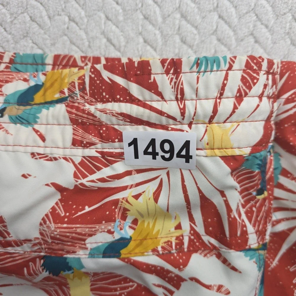 Duluth Trading Co Mens 2XL Tropical Bird Palm‎ Swim Trunks Red White 48 Waist