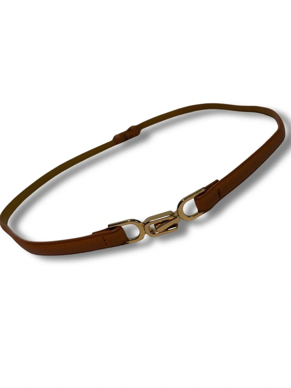 Slim Brown Waist Belt with Gold Interlock Buckle