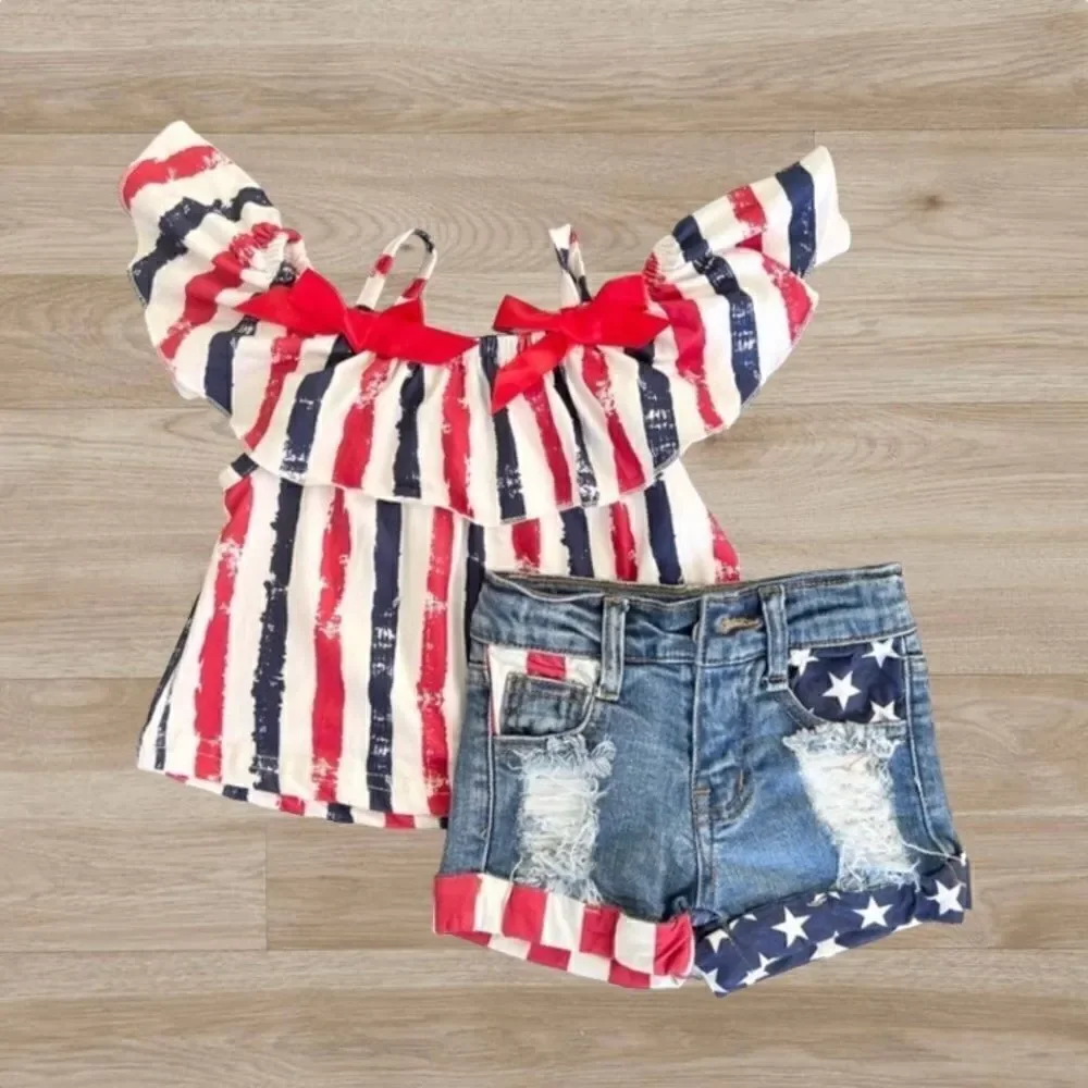 Stars and Stripes Distressed Denim Short Set 3XS (6-12 months) 4th of July Girls