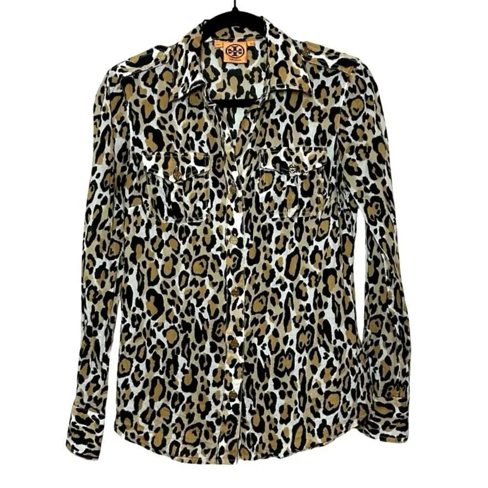 Tory Burch Women’s Leopard Print Button Down Long Sleeve Shirt Size 2