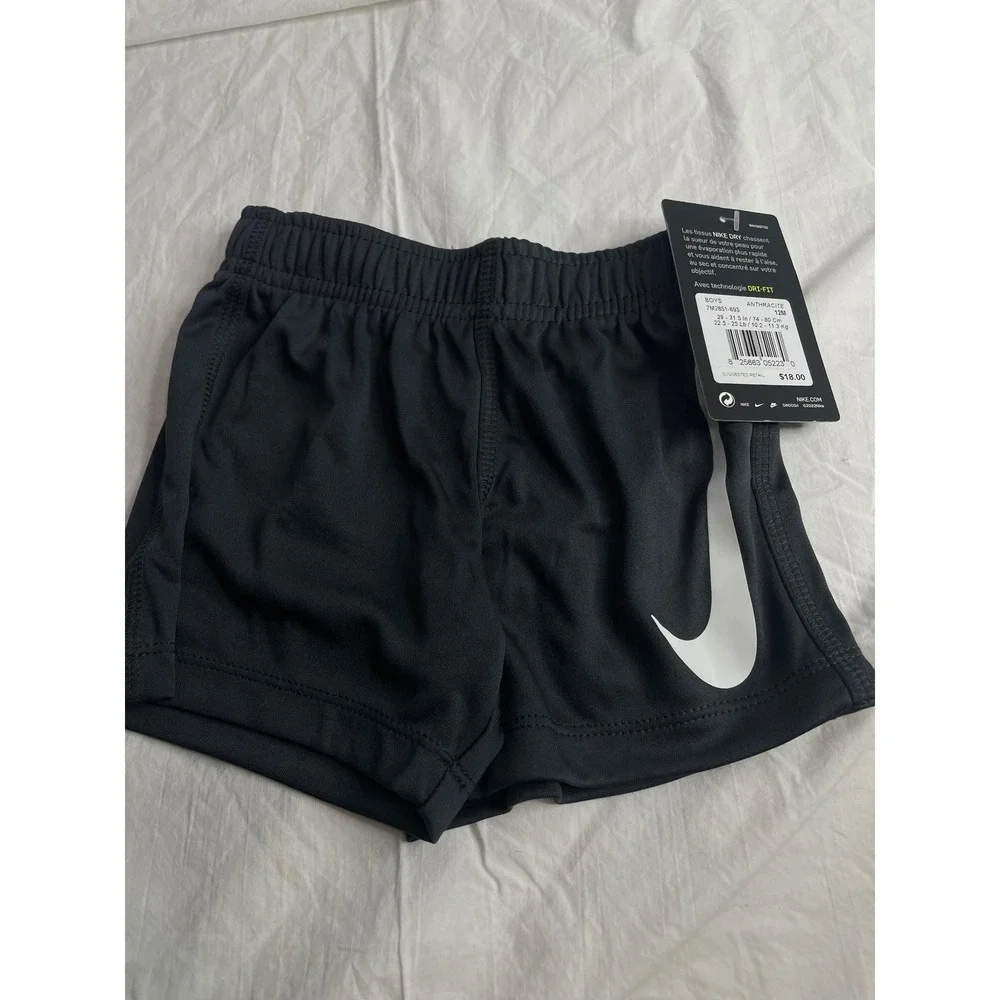 Nike Dri-FIT Boys Shorts Black White Swoosh Athletic Activewear 12M