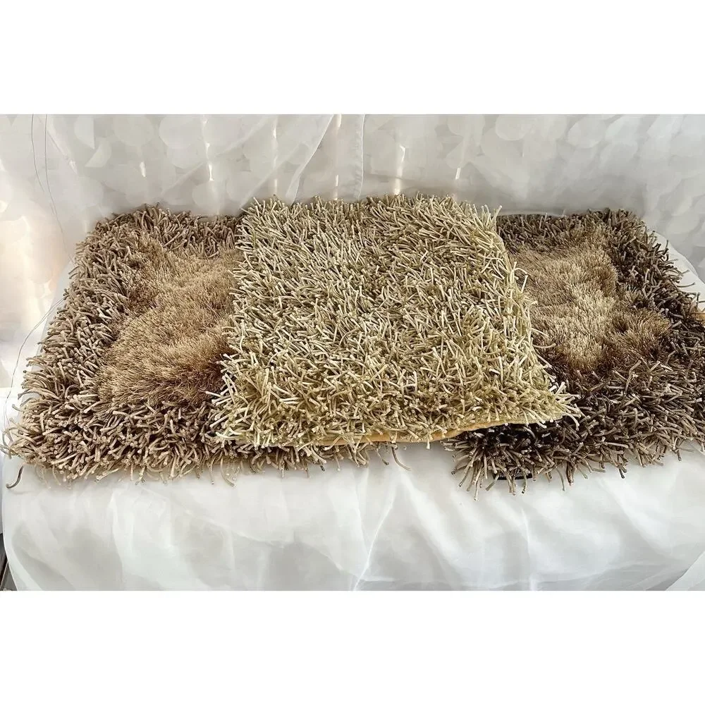 Set Of 3 BEIGE SHAGGY Square Throw Accent Pillows Carlo Perazzi Designer MODERN