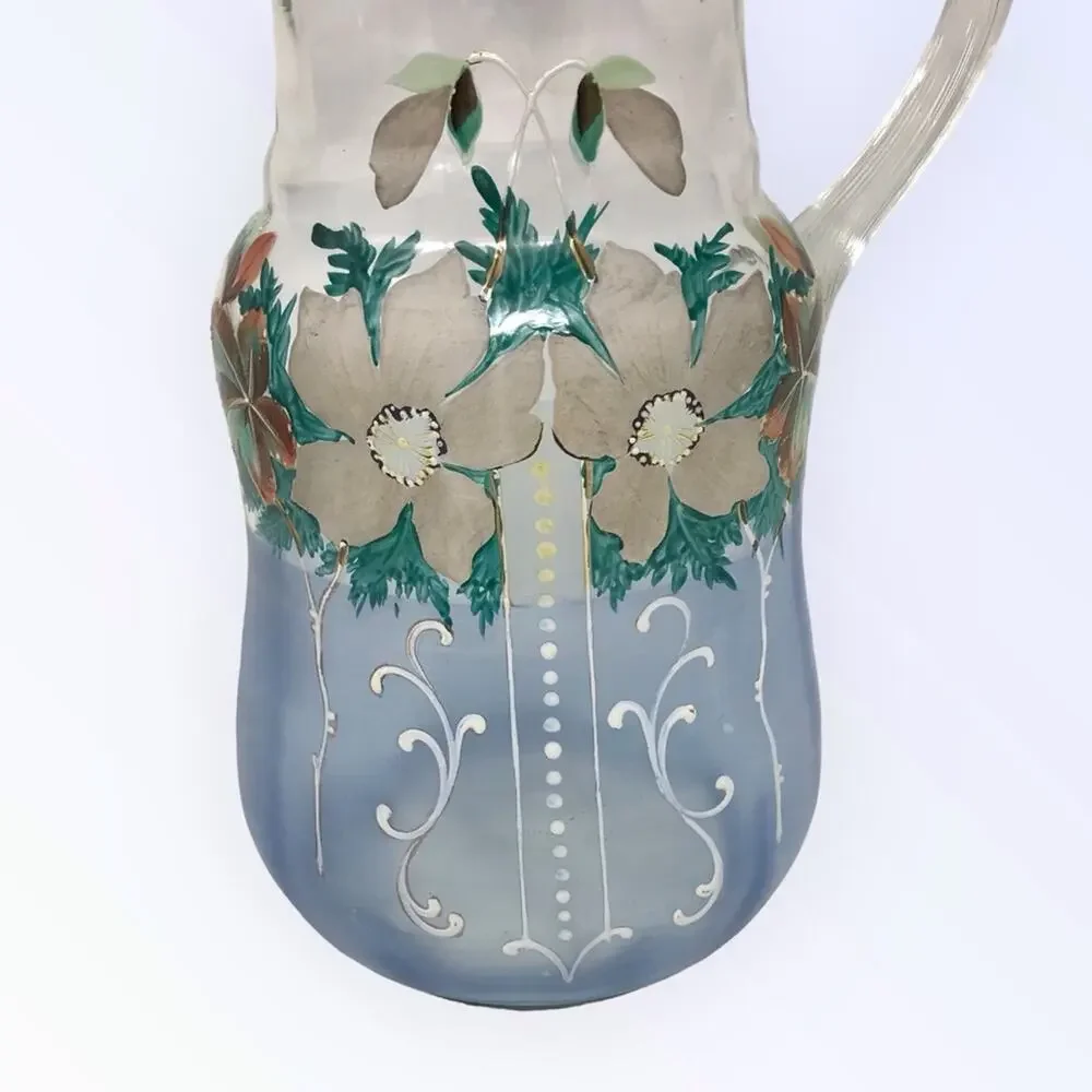 Victorian Hand Painted Pitcher Enameled  Blue Art Glass Floral Pitcher