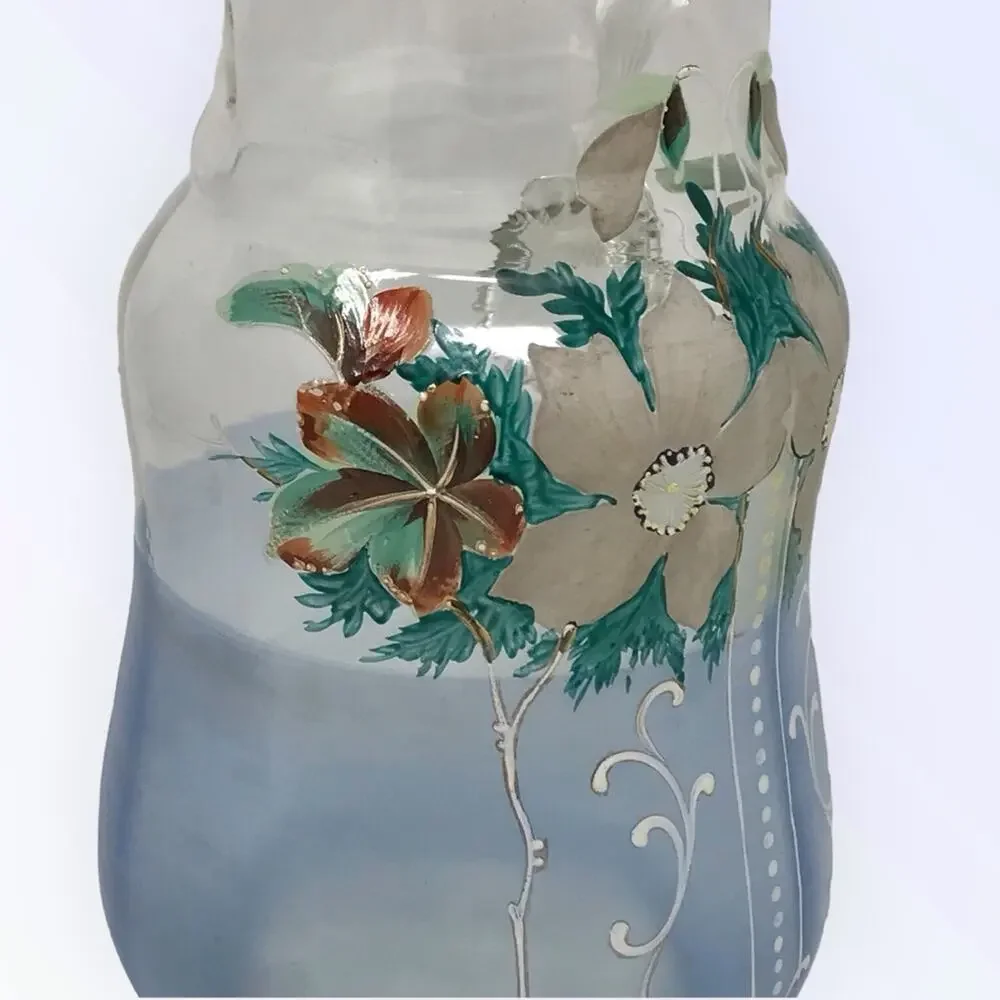 Victorian Hand Painted Pitcher Enameled  Blue Art Glass Floral Pitcher