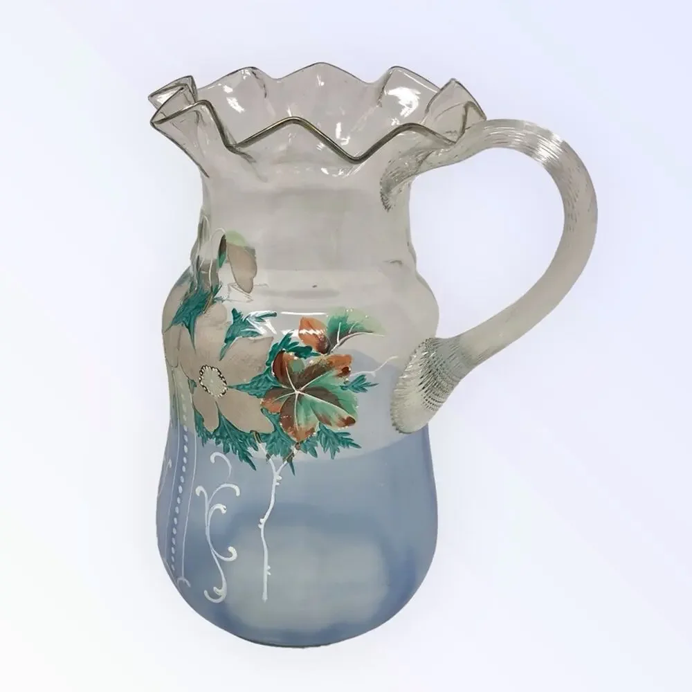 Victorian Hand Painted Pitcher Enameled  Blue Art Glass Floral Pitcher