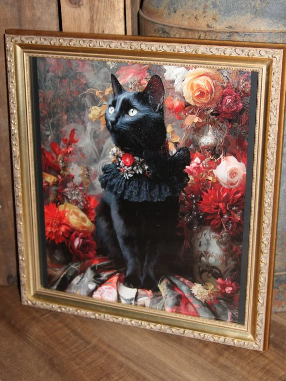 Dark Moody Gothic French Victorian Black Cat Floral Wall Decor Picture