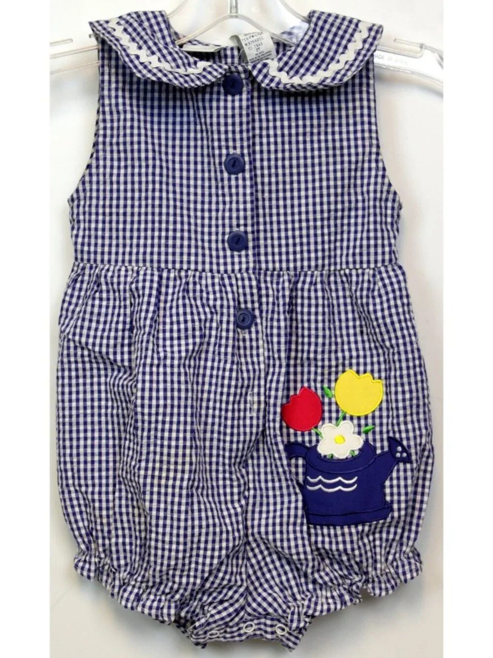 VTG Carter's Girl Romper sz 2T Blue Gingham Tulips Flowers Watering Can Summer