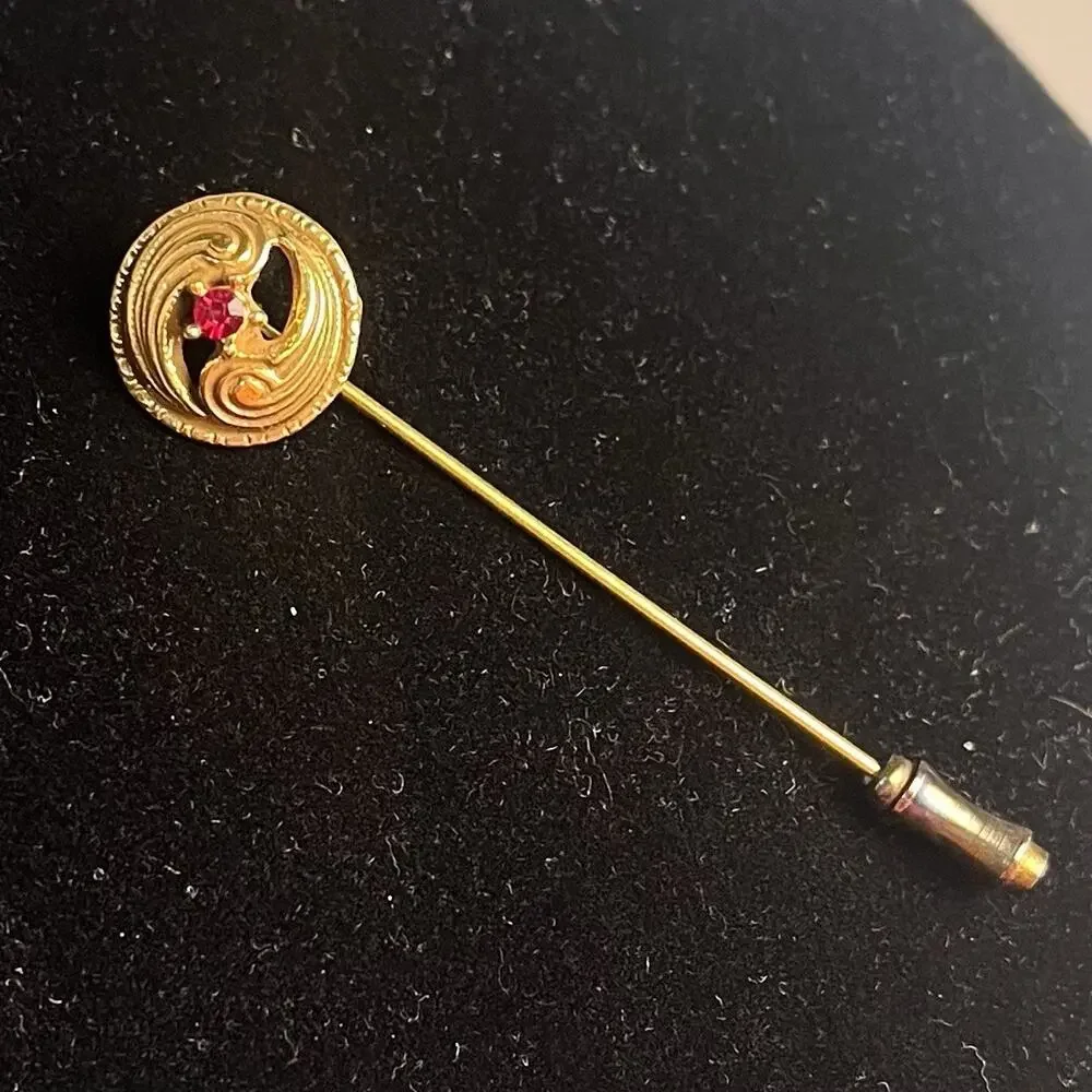 Vintage Red Glass Rhinestone Gold Tone Hat Stick Pin Art Nouveau Estate Find
