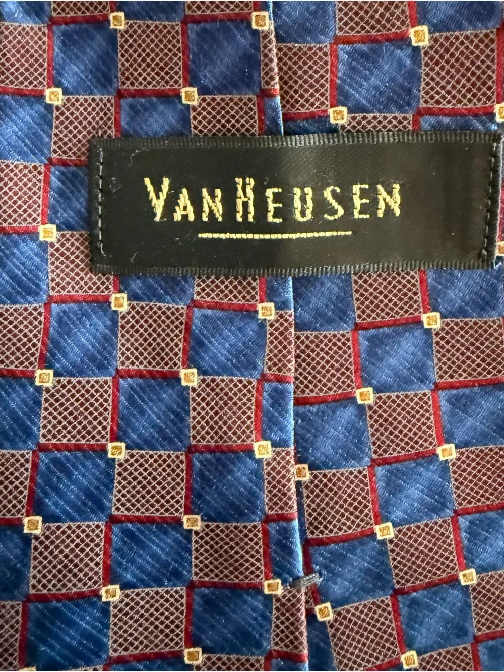 Silk Geometric Check Tie in Blue and Burgundy - Made in USA