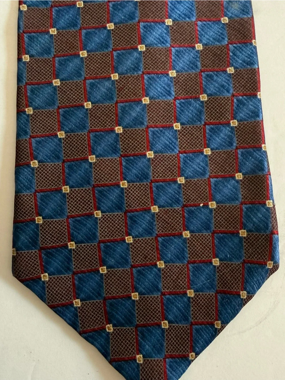 Silk Geometric Check Tie in Blue and Burgundy - Made in USA