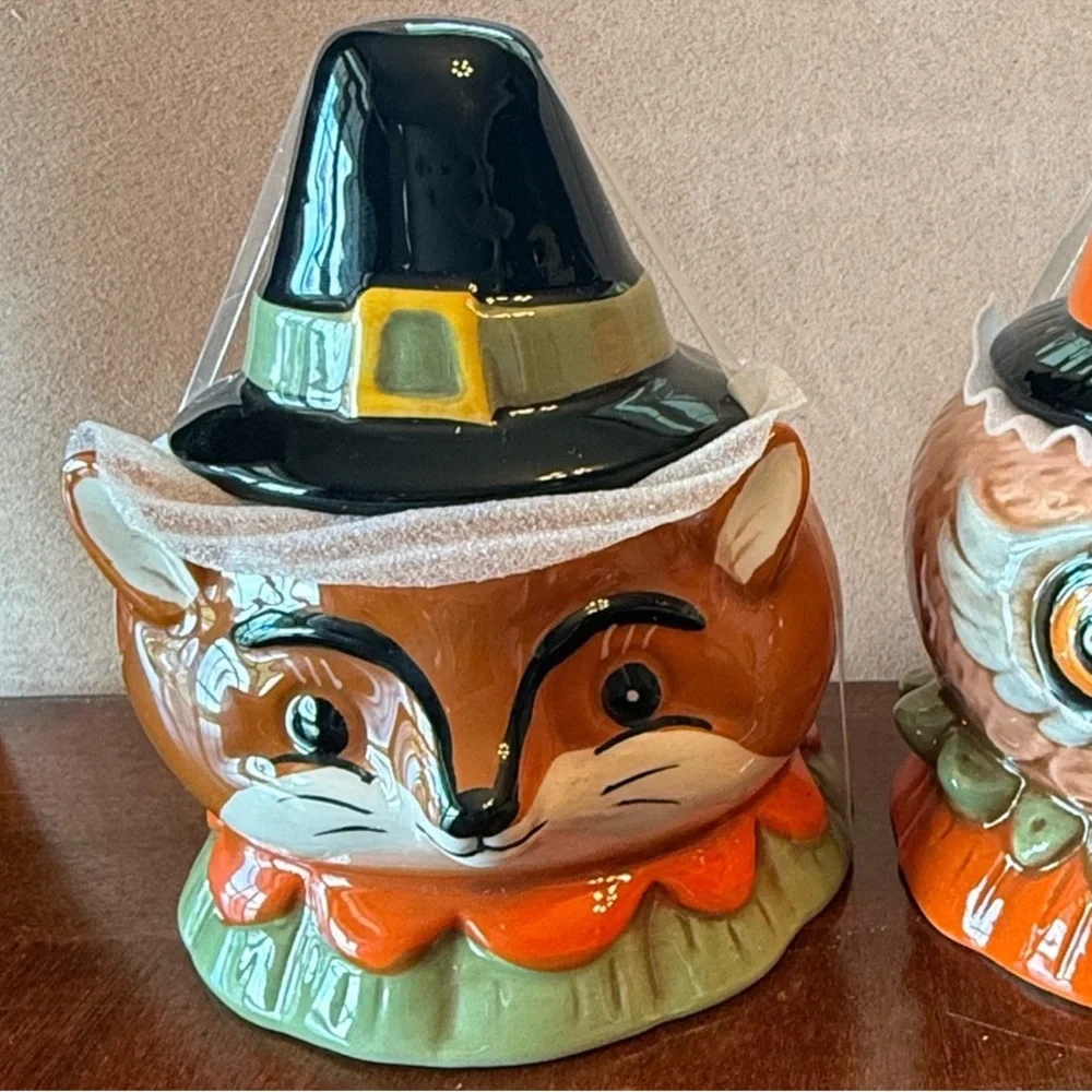 New Johanna Parker Fall Critters 2 Pieces Fox & Owl Small Canister Fall Decor