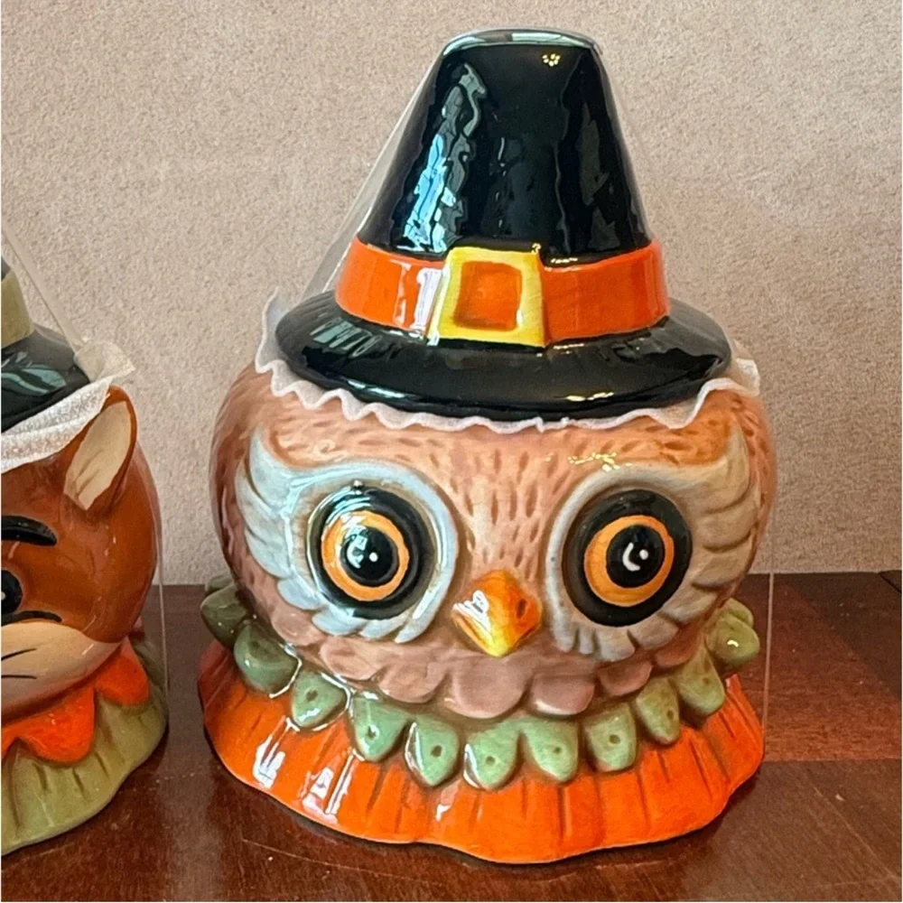 New Johanna Parker Fall Critters 2 Pieces Fox & Owl Small Canister Fall Decor