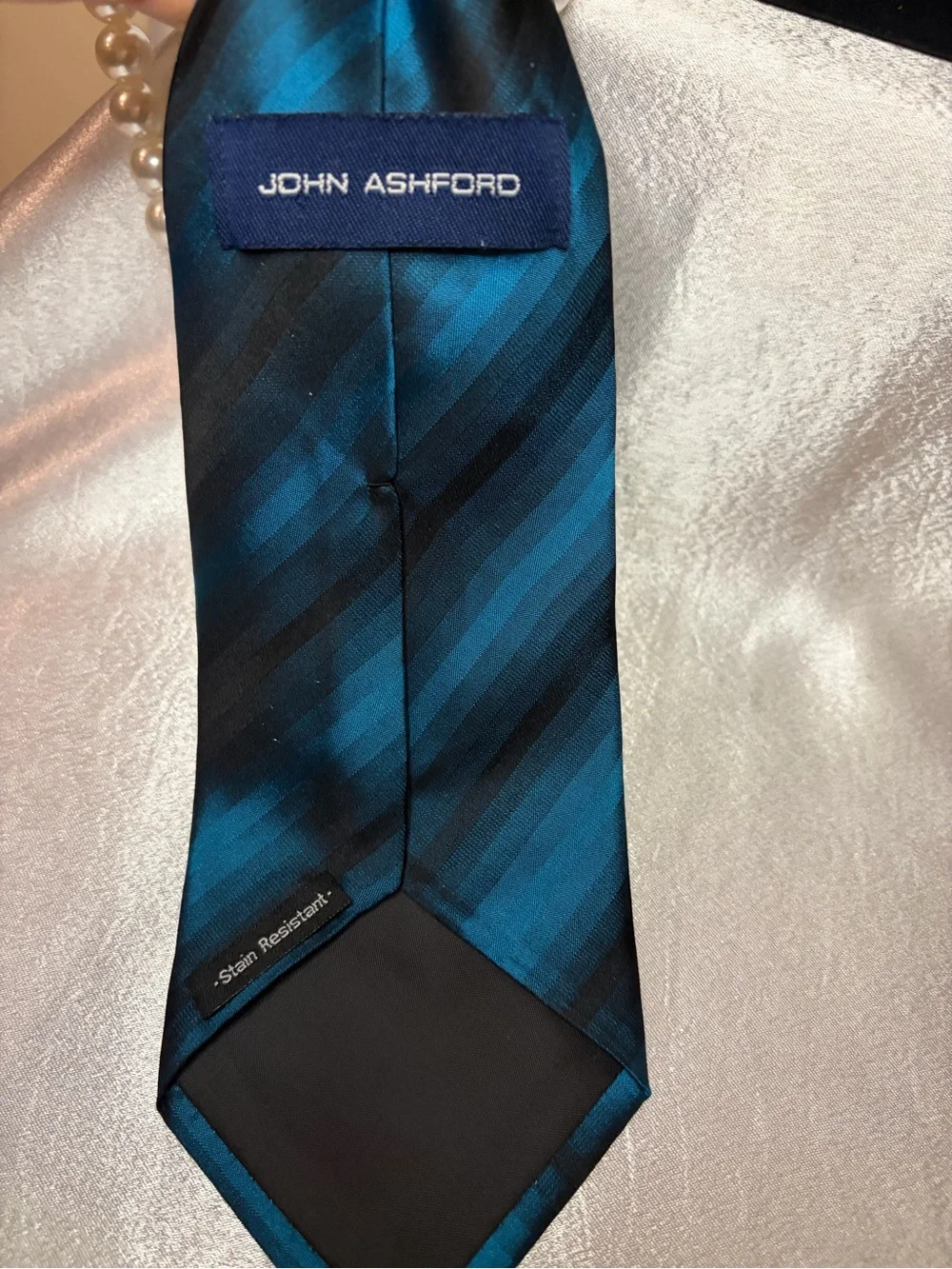 John Ashford Teal and Black Striped Silk Neck Scarf