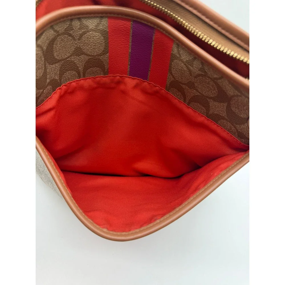 Coach Rowan File Bag Signature Canvas Varsity Stripe Brown Red Purple Crossbody