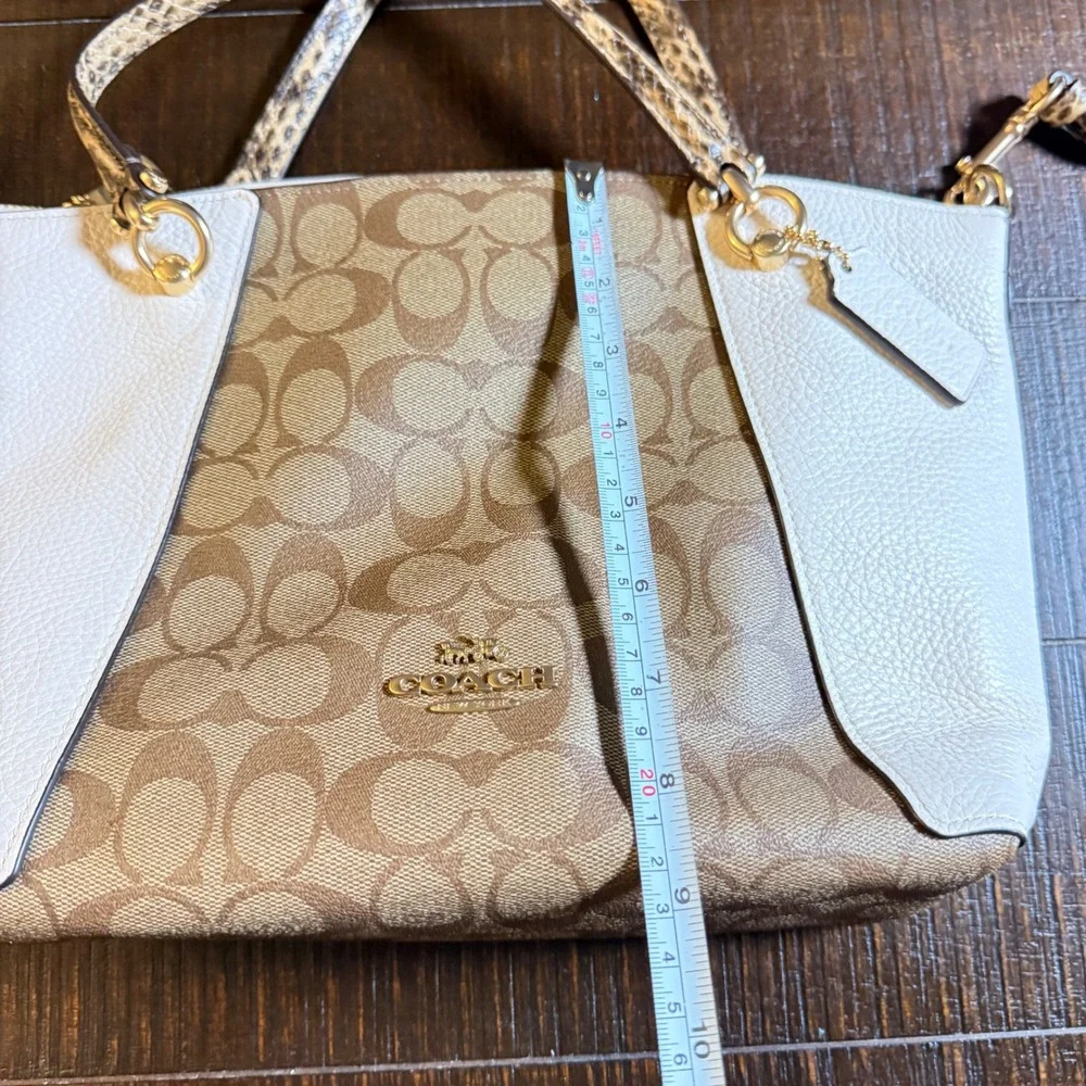 Coach Kacey Khaki Chalk Blocked Canvas Top Zip Satchel Crossbody Snakeskin Purse