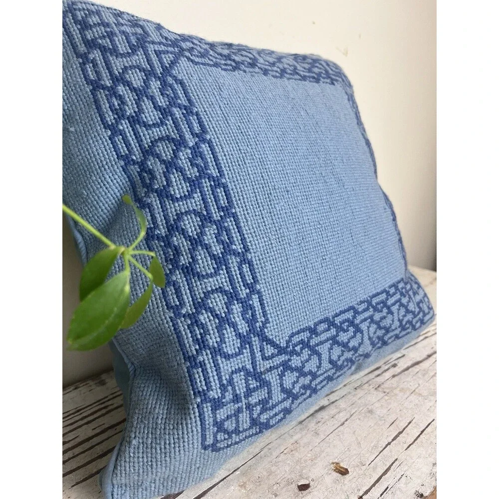 Vintage Blue On Blue Woven Nordic Border Pattern Needlepoint Throw Pillow 15”