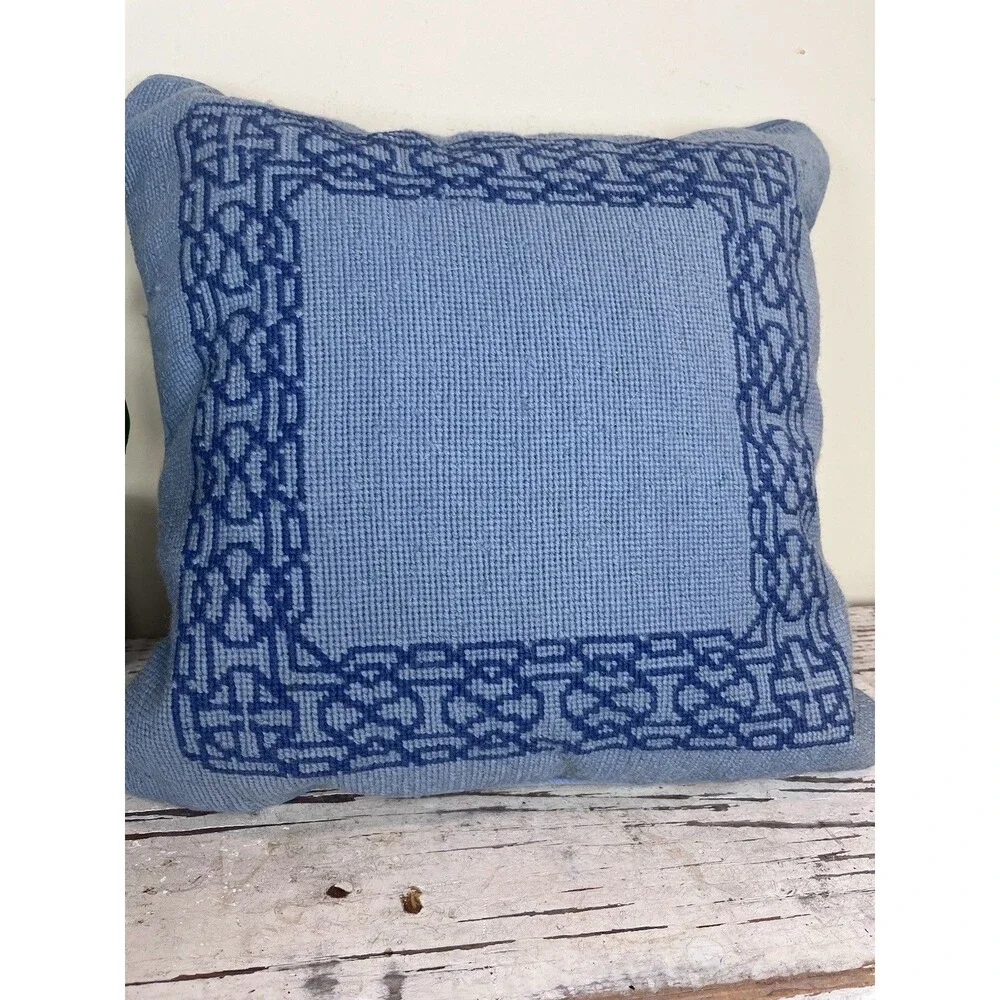 Vintage Blue On Blue Woven Nordic Border Pattern Needlepoint Throw Pillow 15”