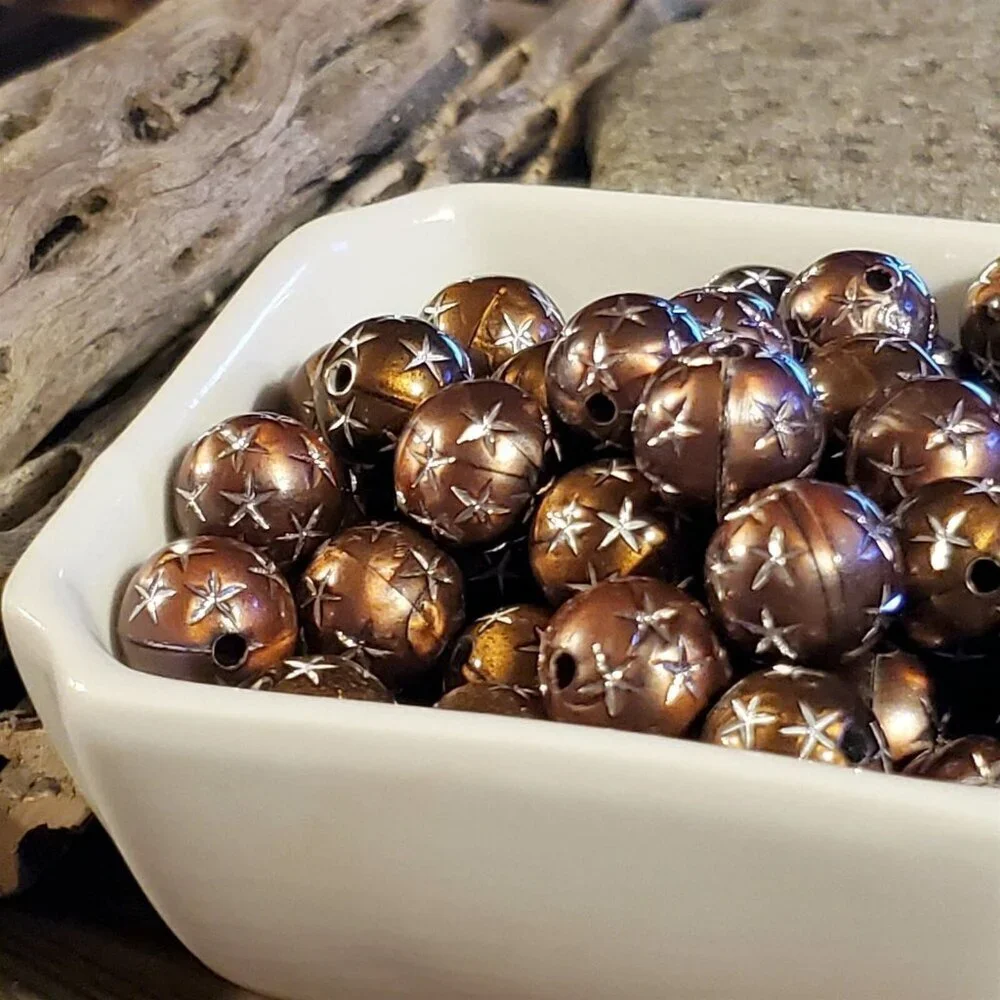 10 Vintage Retro Brown Silver Stars 12mm Round Acrylic Shabby Chic Beads