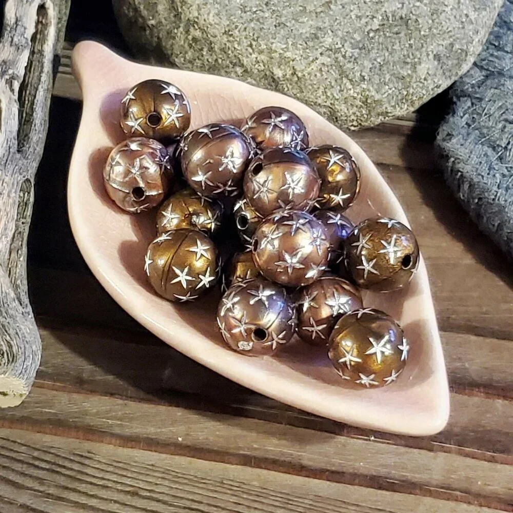 10 Vintage Retro Brown Silver Stars 12mm Round Acrylic Shabby Chic Beads