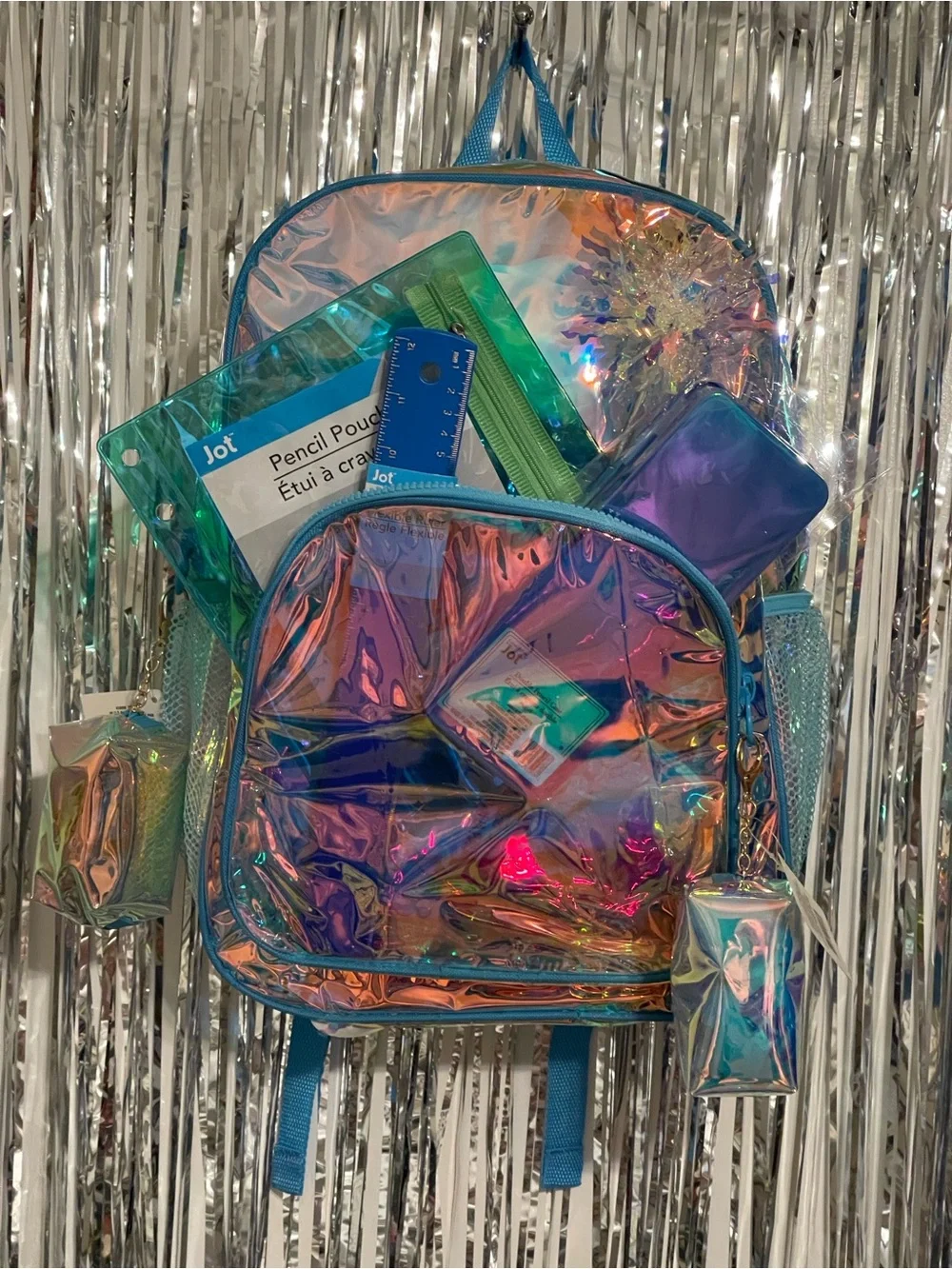 Iridescent Holographic Backpack - Blue Trim W/ Accessories