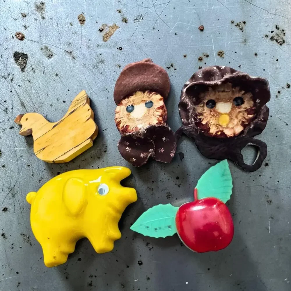 Vintage Fridge Magnets Pig, Apple, Wood Duck, Fabric Dolls Set