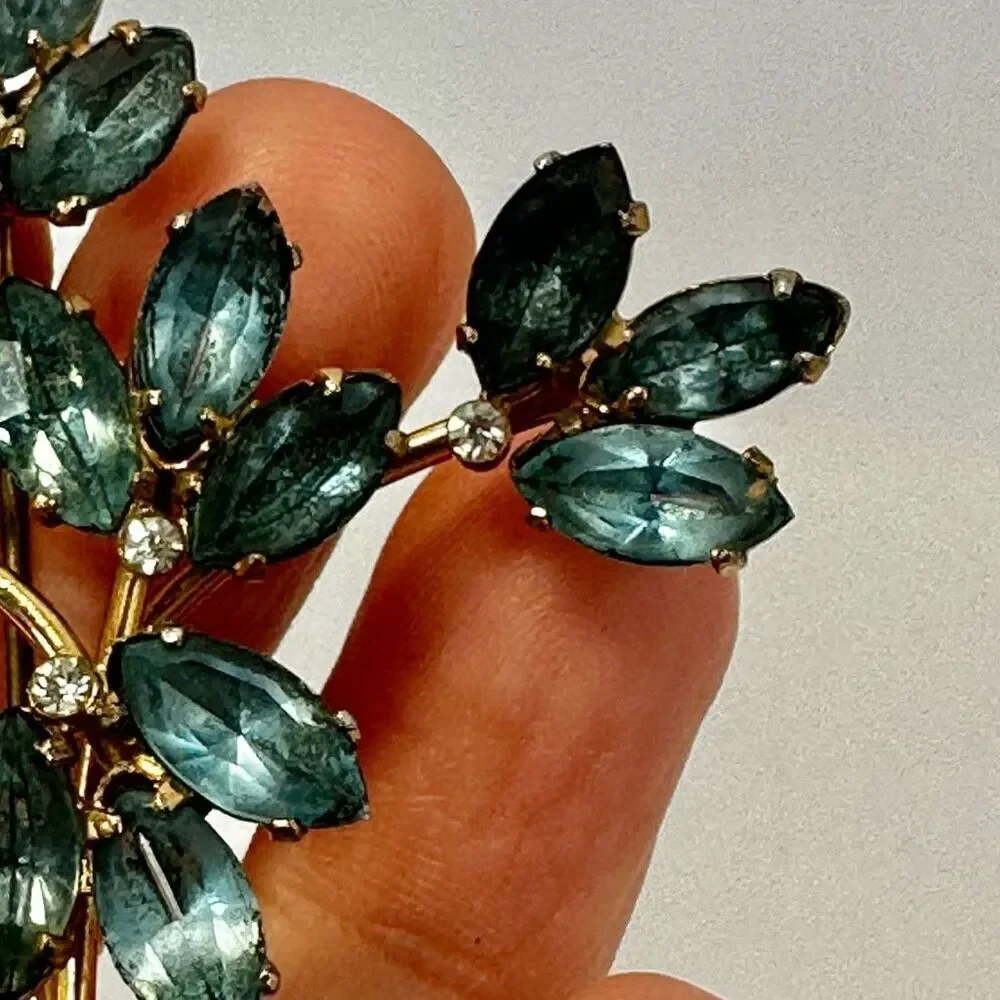 Coro Sterling silver craft gold plated and blue flower rhinestone vintage brooch