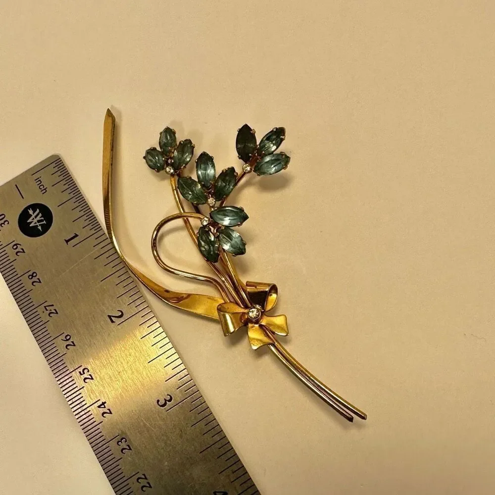Coro Sterling silver craft gold plated and blue flower rhinestone vintage brooch