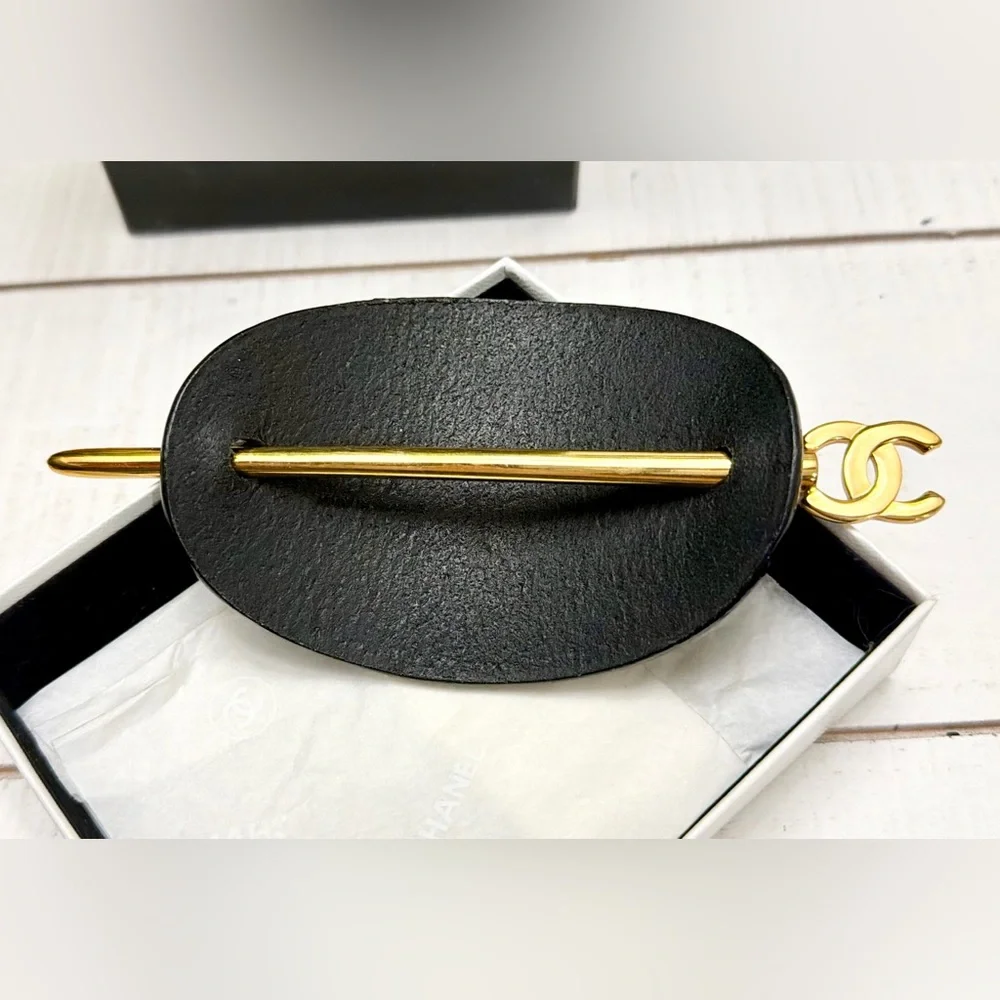 Chanel Black Leather Majeste Hair Stick Pin Camellia Flower CC Logo Gold