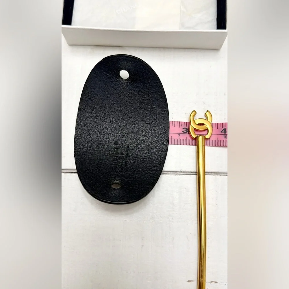 Chanel Black Leather Majeste Hair Stick Pin Camellia Flower CC Logo Gold