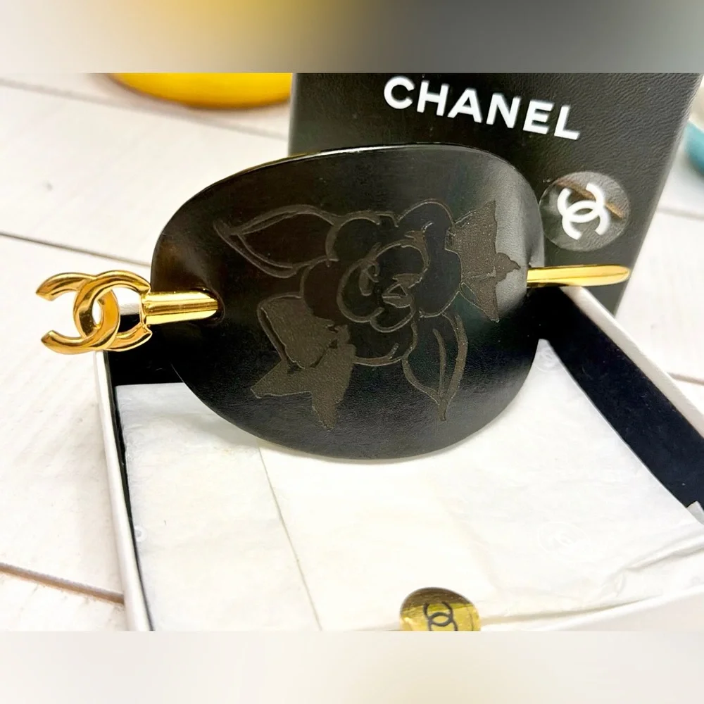 Chanel Black Leather Majeste Hair Stick Pin Camellia Flower CC Logo Gold