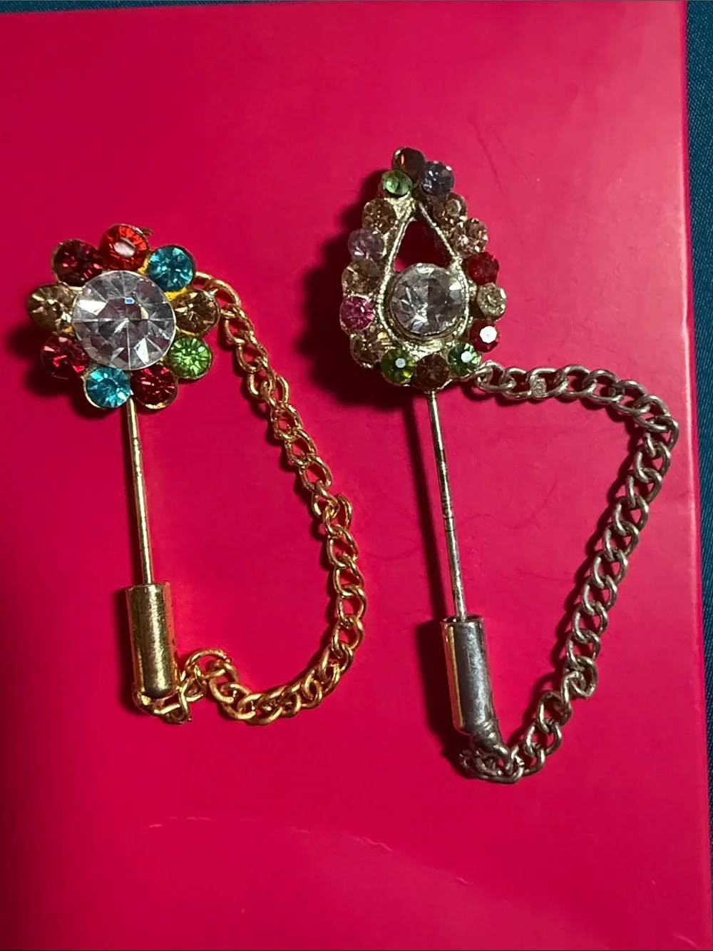 Multicolor Crystal Flower Lapel Pins with Chain (Set of 2)