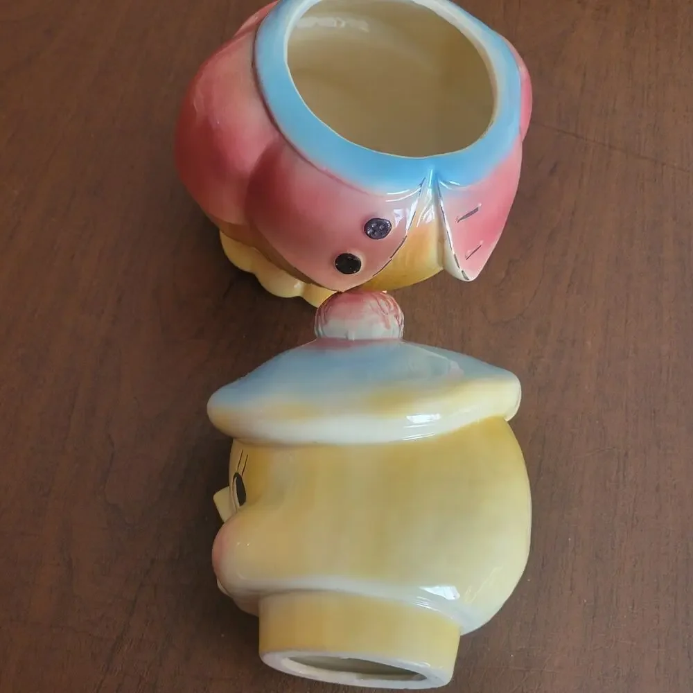 Vintage American Bisque Chick Cookie Jar MCM 1950s Chickadee Pink Jacket Kitsch