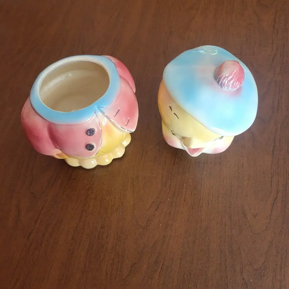 Vintage American Bisque Chick Cookie Jar MCM 1950s Chickadee Pink Jacket Kitsch